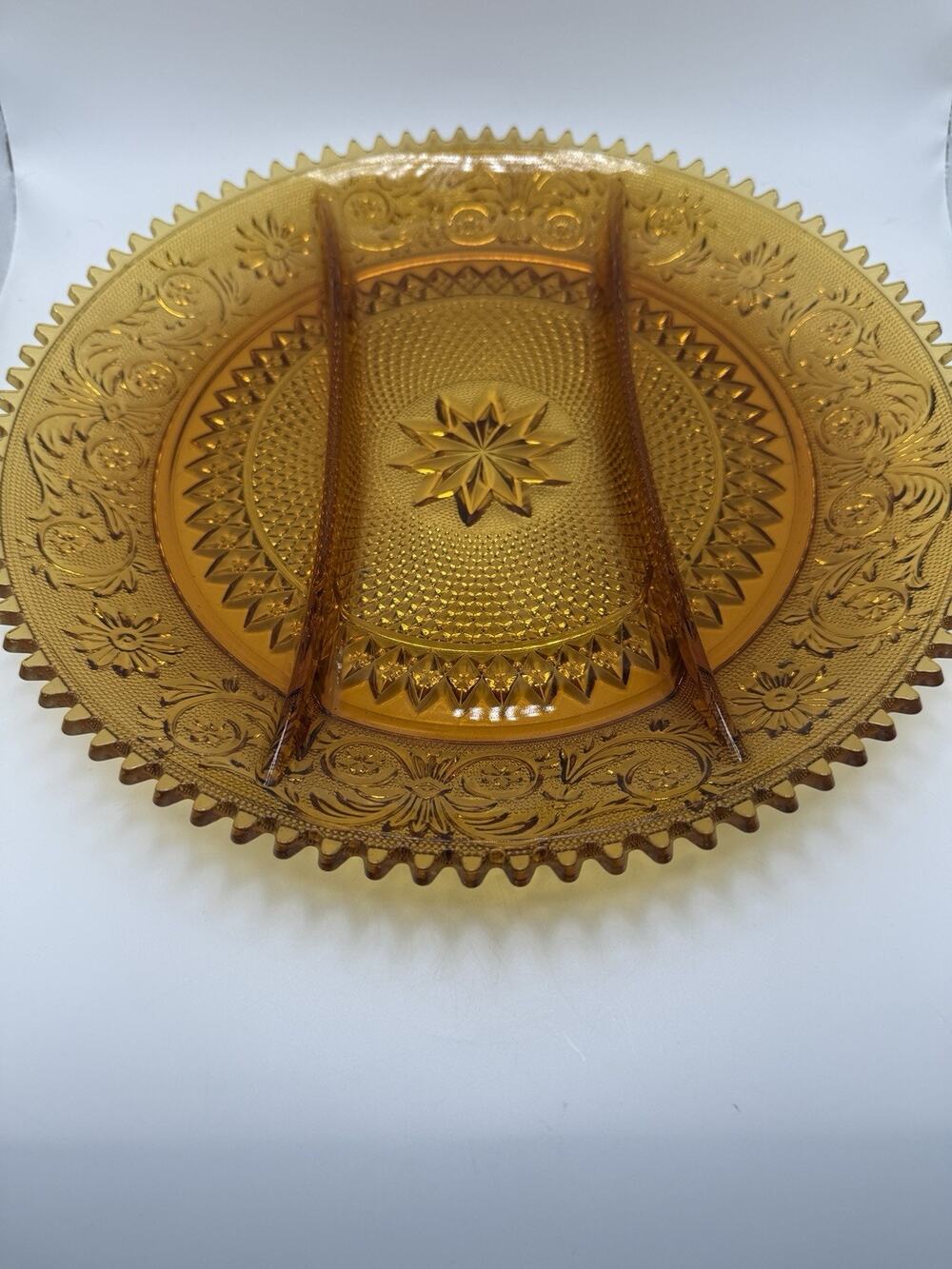 Vintage 70s Indiana Glass Tiara Sandwich Amber 3-Part Dish 12" Housewarming Tray